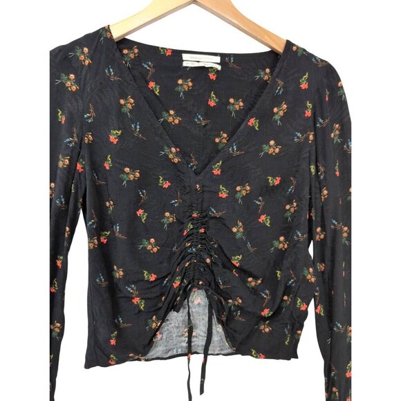 Urban Outfitters Deep V Cinched Floral Shirt Womens S Black Long Sleeve Romantic - Picture 4 of 9